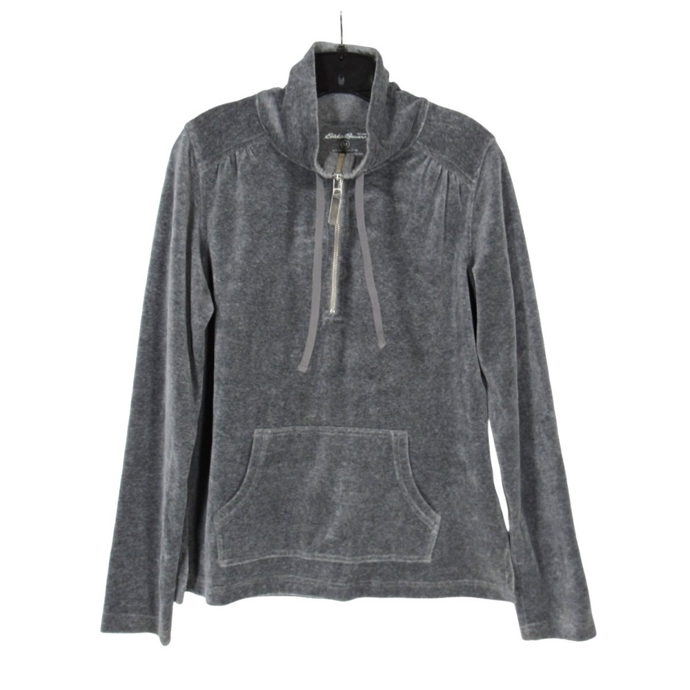 EDDIE BAUER Gray Stretch Velvet 1/4 Zip KANGAROO POCKET Pleated SWEATSHIRT/TOP M